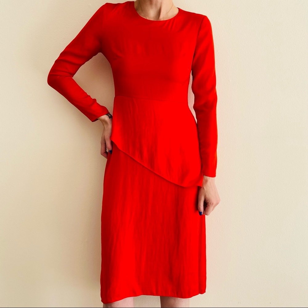 MAJE Remania satin tiered Waist-overlay Crepe Midi long sleeve red dress